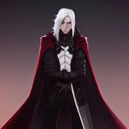 Vampire knight, young man, handsome, long white hair, black full plate armor, red cape