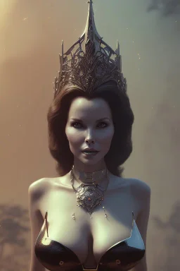 Jaclyn Smith as evil queen in black leather, busty, cleavage, dominatrix, curvy, angry, stern look. character design by cory loftis, fenghua zhong, ryohei hase, ismail inceoglu and ruan jia. unreal engine 5, artistic lighting, highly detailed, photorealistic, fantasy