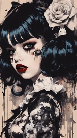 Poster in two gradually, a one side malevolent goth vampire girl face and other side the Singer Melanie Martinez face, full body, painting by Yoji Shinkawa, darkblue and sepia tones,