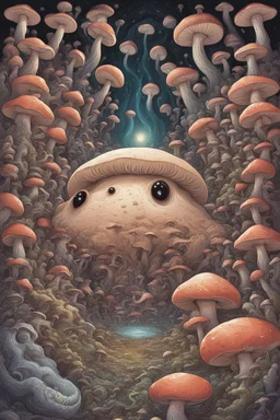 Looking into a black hole, hundreds of huge mushroom-shaped creatures with massive mouths, faceted eyes and tentacles.