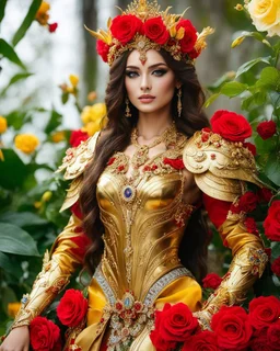 📷💃 length image full body gorgeous pretty super model girl as beautiful queen,floras crown,high details photo of luxury golden armor color designed made of flora flowers🌹 colors orchids and red,yellow,details color roses 🌹she using accessories luxurious diamonds jewelrys, flowers,surrounded 🌿🌿🌿leaves,so many surrounding butterflies, pretty face beauty colors make up cosmetic,bigbusty,perfect body,green leaves flowers gardens background