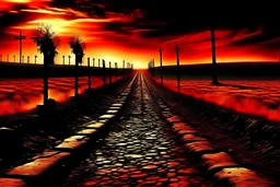 burning road to hell, along the road there are burning crosses, demons fly in the sky