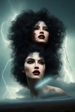 A beautiful woman with curly black hair, caught between heaven and earth, storms, chaos, abstract, crazy, fury of nature