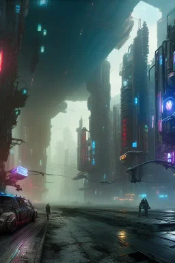 post-apocalyptic robots in a cyberpunk city, realistic, intriacte detail, sci-fi fantasy style, volumetric lighting, particales,highly detailed, wide shot, cinamatic, Zack Snyder stlye, deep colours,