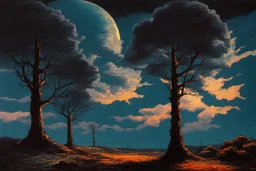 Trees, night, clouds, 2000's sci-fi movies influence, rodolphe wytsman impressionism painting