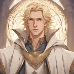 young teenage aasimar male, fair-blonde hair, shoulder length, gold colored eyes, kind facial expression, rugged medieval clothes-robes, celestial magic user