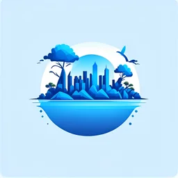 Create a simple logo vector illustration of a landscape and city associated with an island, with a predominance of blue