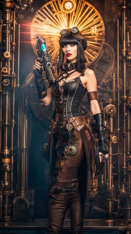 Full Body Photo Of A Steampunk Burlesque Woman With Straight Hair And A Fringe Hairstyle, Holding A Laser Gun, Sci-Fi Steampunk Background