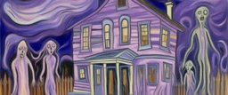 A light purple haunted house filled with spirits painted by Edvard Munch