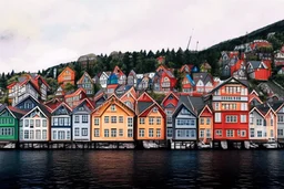 Colored pencil drawing, Very detailed, Drawing of the colorfull houses in the city Bergen in Norway. Colorfull, professional, detailed, pencil strokes, calm composition, zoom out.