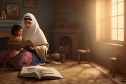 A close-up scene of an Arab mother reading the story from a book with her children around her in the room of the old wooden house near the fireplace 100 years ago.