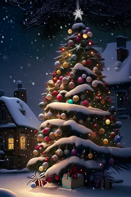 A christmas tree , decorated , lights , balls , bows , in the snow , soft colors , in a village