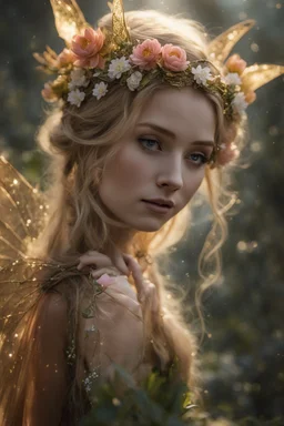 Pink flower crown,Pointed elven ears,Blonde hair ,Pink dress,Sparkling fairy wings,Very long golden hair,Fairy crown,pointed ears,elven ears,fairy wings,water lilies,sparkling,glittering,flowers,blossoms,golden crown,light pink dress