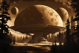 In the art style of Frank Frazetta: A sepia toned picture of a forested solar system, ringed giant,