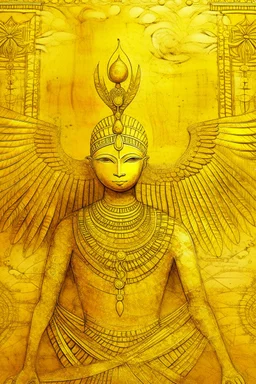 A golden yellow angelic heaven designed in ancient Egyptian hieroglyphics painted by Zosan