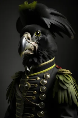 half parrot half human in a black 1700s military uniform