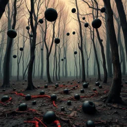 Irregular black spots, 8k, 3d render, Zdenek Burian, melting horror, tridimensional figures, intricate patterns, forest, sinister scribbles, colors, shot on Hasselblad, Yves Tanguy, tragicomic