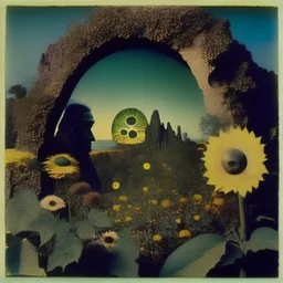 High definition polaroid photography of a marvelous landscape, trees, flowers, giant sun, people wearing masks, intricate, rock formations, atmosphere of a Max Ernst painting, Henri Rousseau, thoughtful, Georg Trakl, interesting, appalling, smooth