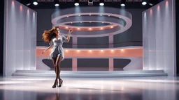 modern stage with a pretty lady in modern clothing dancing, 3D recursive structure animating background