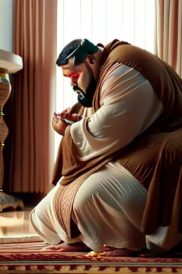 close up photography of a Burly arab 26 year old stocky short chubby man on his knees, short beard, dressed in an brown economic traditional caftan with pants and sandals, photorealistic, ambient occlusion, in a simple living room, ambient occlusion, side view from the bottom