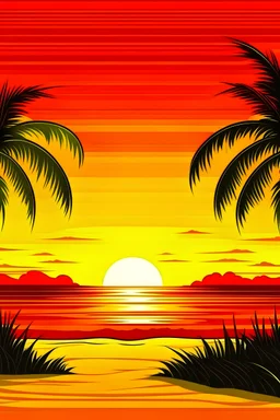 sunset at the beach with palm trees with background red blue and yellow