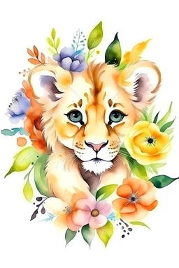 watercolor lion cub with flowers logo