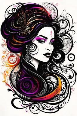 an abstract illustration of a goth girl from calligraphic flourishes and swirls , finely drawn and inked, 4k, hyper detailed and vibrantly colored in the calligraphy style of Soraya Syed