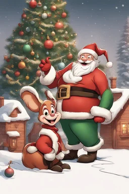 smilling santa claus next to christmas tree, disney and pixar style