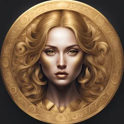 round golden money, magic , magician's women face, front view