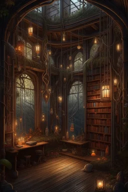 Forest library, autumn, many books,nature,natural lines, lamp garlands, twilight,dark,botanical maximalism boho style, hyperrealism, hyperdetalization, high quality, 32k, dark botanical, bionics, bionic elements,grunge, magic, fantasy, many complex details, filigree, clarity, sharpness, 8d painting, concept art, 35 mm, contrast