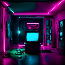 Unsettling room, neon lights, signs, empty, a computer is running, liminalcore