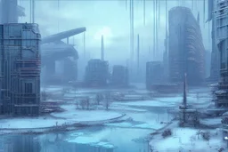 cyberpunk buildings near the frozen lake, winter, tendency to science fiction, realistic vision, impressionism painting