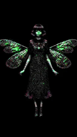 Full Body, Art Nouveau Woman With A Bob With A Fringe Hairstyle, 1920s Clothing, Steampunk Metal Moth wings, Black Background