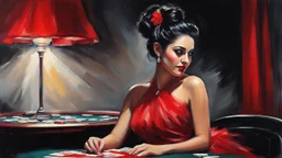 impressionist oil painting smooth brush strokes "head and shoulder" beautiful woman sitting at poker table elegant red tulle and shiny dress, red jewelry black hair in a bun, big hanging curls, slight smile, eyes downcast, long eyelashes cards in hand dark background other small cards flying around her some deteriorating grainy noise falling particles, backlight