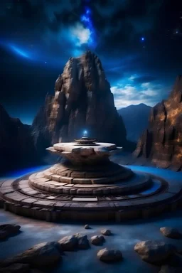 Meditation round podium , MAGIC rocky cliff, Palace carved into the rock, galaxy, infinity, space, sci-fi. , cosmos , space, for meditation , the most beautiful places ,