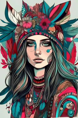 generate boho girl design for art with maximilist colours and no background