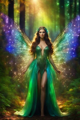 Front view photoshoot Gorgeous Photography Ultra Realistic Natural Skin Beauty, Beautiful Fairy woman straddle wings with gown shiny brown flowing hair, glitter colorful fairy wings, lovely glowing green eyes, surrounded by magical colorful forest and flickering lights, digital photography, kaleidoscope, vibrant colors, vivid colors, colorful,in dark midnight magic lights forest ,full sparkling light, close-up portrait