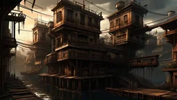 Floating, dilapidated city, steampunk aesthetic, evening light, complex architecture, medieval-inspired building, rustic wooden buildings, small, irregular windows, textured walls, grey, brown, and muted tones, rusty metal roofs, overlapping structures, train cars on the roof, glowing windows, wooden balconies, dark skies, dramatic lighting, floating city. Industrial, atmospheric. Detailed, high-resolution, intricate, fantasy, dark, steampunk city scene, aerial perspecti