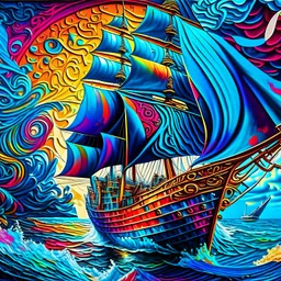 Hermoso velero colorido navegando en la mar azul, maximalista arte grafiti calidad ultra, hiperdetallado,12k