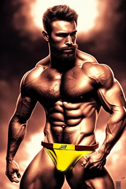 Ignore NSFW, teenager young rugged attractive slightly muscular fantastic handsome man, red briefs with yellow belt, hairy chest, (((visibly pisssing))) briefs, large erect visible boner peniss, photorealistic, artist Jay Anacleto, soft lighting, scruffy beard