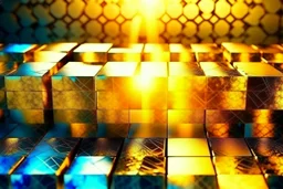 beautiful composition, symmetric pattern, Double exposure of cubes in which abstract flowers are, cracked holographic marble background, the cracks are golden S<AI in sunshine