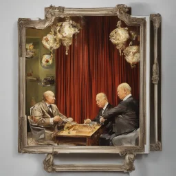 Putin, President Xi Of China And Joe Biden Play Chess With Atomic Bomb Mushroom Cloud,Complex Surgical Instruments Intermixed With A Newborn Boy,Minimalism,Painting By Adrian Ghenie,Rene Magritte,Pablo Picasso,Michelangelo,Salvador Dali,Lucian Freud