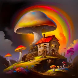 A rustic white, orange and yellow (((mushroom house))) perched atop a (tall geologic pillar), surrounded by a ((( rainbow haze ))), offset by the subtle hues of an (dark space scape), within. captured by the hand a skilled master painter with a focus on (hard bold compositions and voluminous lighting).detailed matte painting, deep color, fantastical, intricate detail, splash screen, exaggerated colors, fantasy concept art, 8k resolution