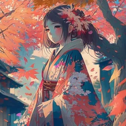 a girl wearing a kimono with ornaments and the leaves are falling from the trees near street filled with beautiful cherry trees futurism, anime style, digital art, full details, high resolution, colorful, 4k, HD