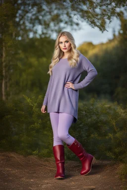 beautiful 18 year old girl with ash blonde hair and blue eyes with her curvy hair down, wearing a long-sleeved woollen top, and lilac long leggings, with long red boots full body shot