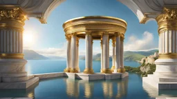 a roman capital divided by a river next to the ocean. marble and gold. fantasy.