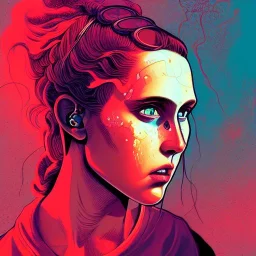 singer Danish MØ face, Camera., concept art, hyper detailed, asaf hanuka, dan mumford, kilian eng, post-apocalyptic, oil on canvas