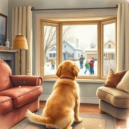 impasto watercolor painting of a golden retriever puppy in a living room looking through a bay window to the outside where kids are having a snowball fight in a suburban street, by Norman Rockwell aesthetic, dreamily nostalgic, long brush strokes, warm