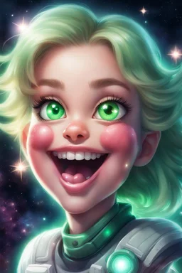 Star with green eyes, smiling with her tongue out, she shines a lot! It's in space