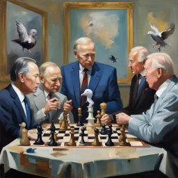 Putin, President Xi Of China And Joe Biden Play Chess With A Pigeon,Ufo And Atomic Bomb Mushroom Cloud,Complex Surgical Instruments Intermixed With A Newborn Boy,Minimalism,Painting By Adrian Ghenie,Rene Magritte,Pablo Picasso,Michelangelo,Salvador Dali,Lucian Freud